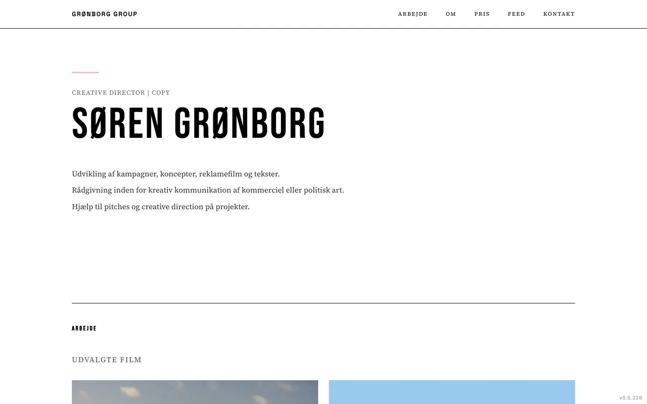 Forsiden af gronborggroup.com med navnet og de udvalgte film nedenunder.